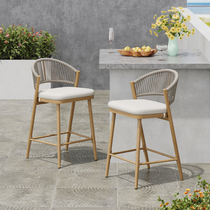 Outdoor 26" Counter Height Metal Frame Counter Stools With Scallop Shaped Backrest & Water Resistant Cushions Noble House