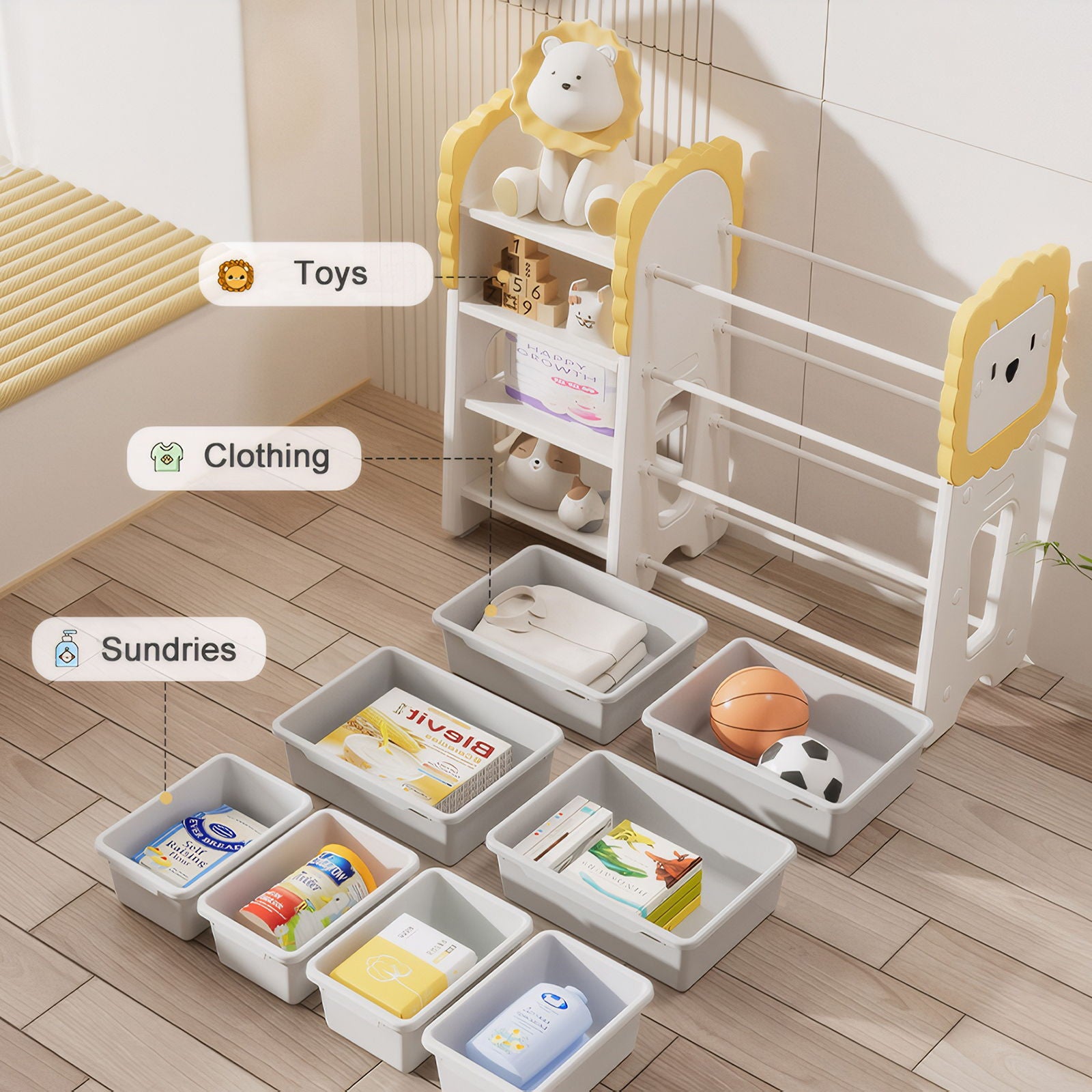 Kids Bookshelf And Toy Storage, 4 Tier Toy Organizers With 8 Removable Storage Bins, Kids Toy Storage Organizer For Study Room - Gray / White / Yellow Home Essentials