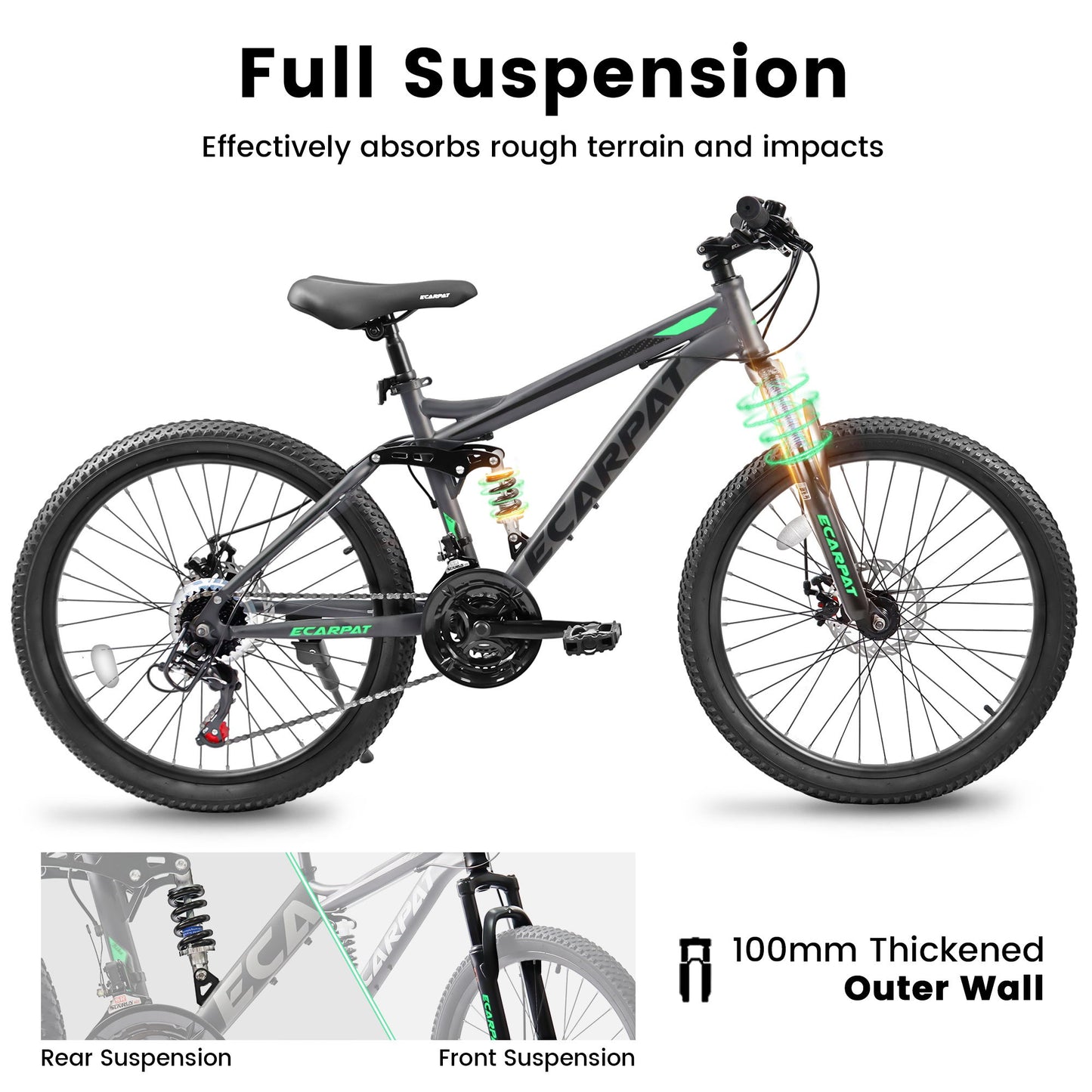 A2660 Mountain Bike 26" Wheels, 21 Speed Full Suspension Mens Womens Trail Commuter City Mountain Bike, Carbon Steel Frame Disc Brakes Thumb Shifter Front Fork Rear Shock Absorber Bicycles