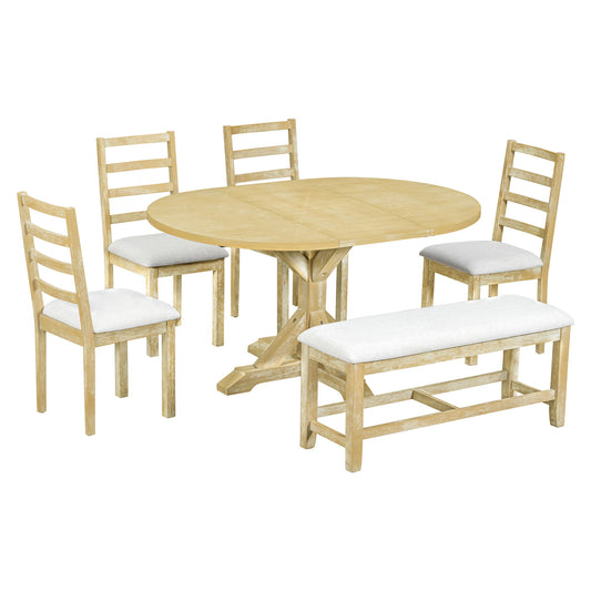 Topmax - 6 Piece Farmhouse Extendable Pedestal Dining Table Set With 18Inch Removable Leaf, Bench And 4 Ladder Back Dining Chairs Hearth and Haven