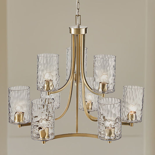 Opulentia - 9-Light Round Tiered Chandelier With Textured Glass Shades - Antique Brass Hampton Hill