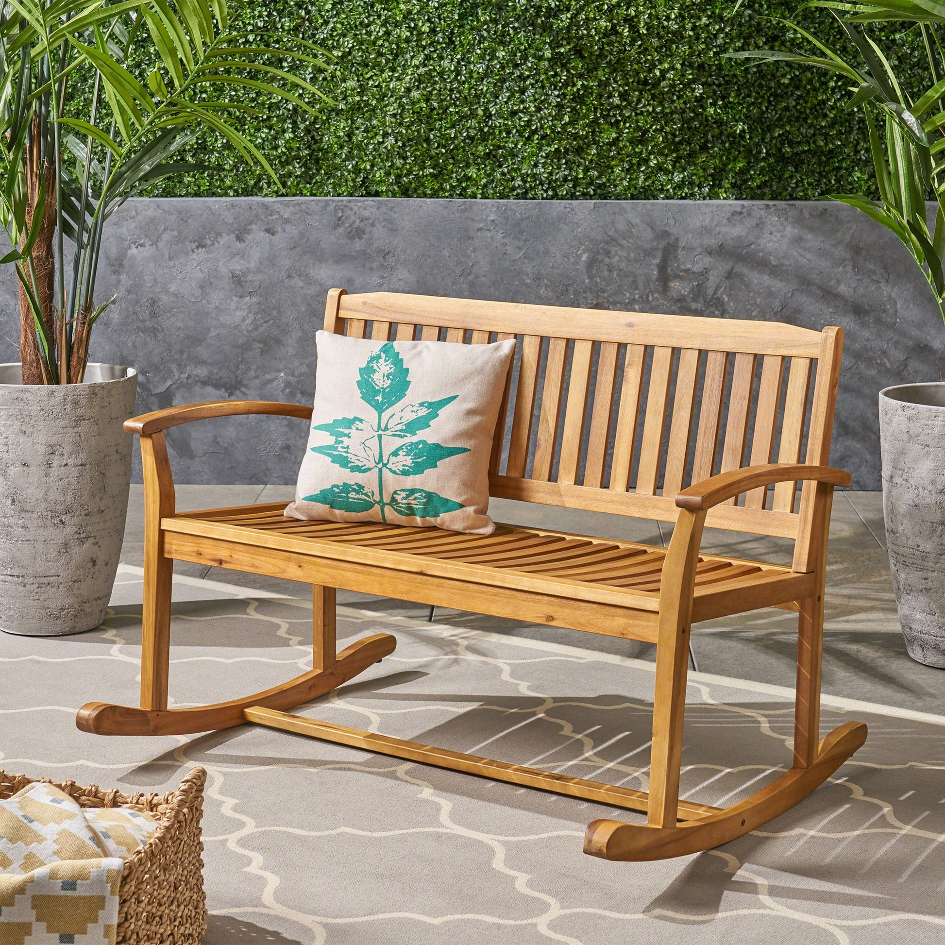 Outdoor Rocking Loveseat With Acacia Wood Frame - Natural Noble House