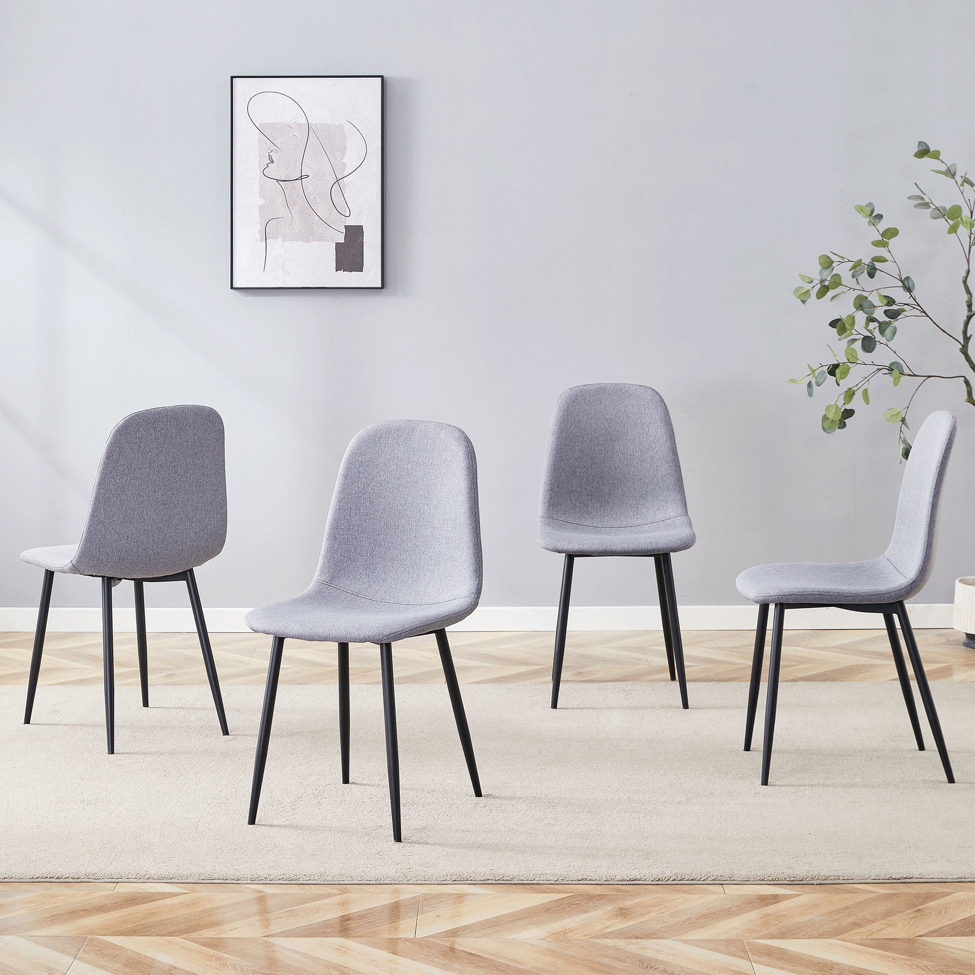 Luxury Simple Chair Linen Cotton High Resilience Dining Chair With Black Metal Legs (Set of 4) - Light Gray Home Essentials