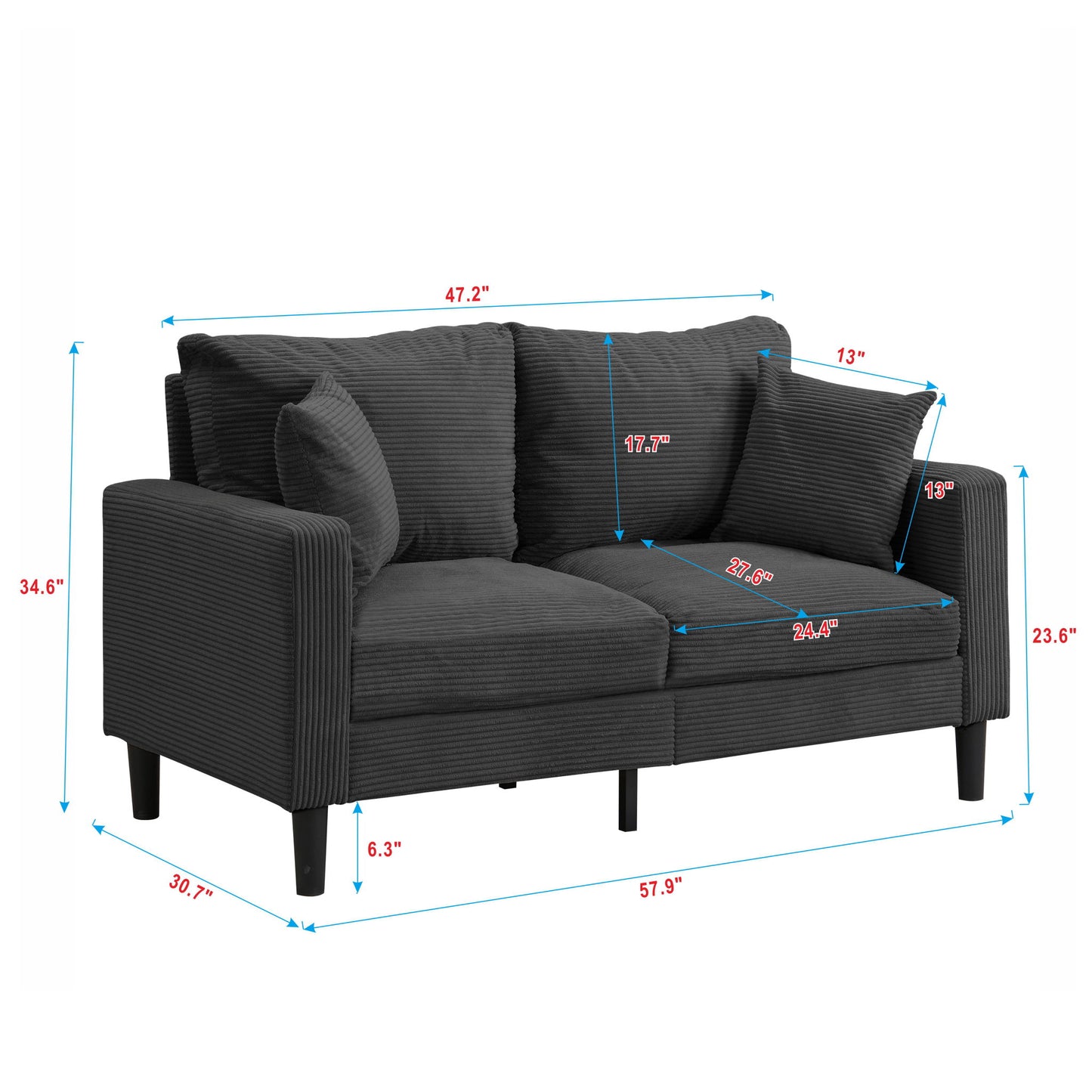 Modern Upholstered Loveseat Sofa With High Resilience, Wooden Frame - Dark Gray Home Essentials