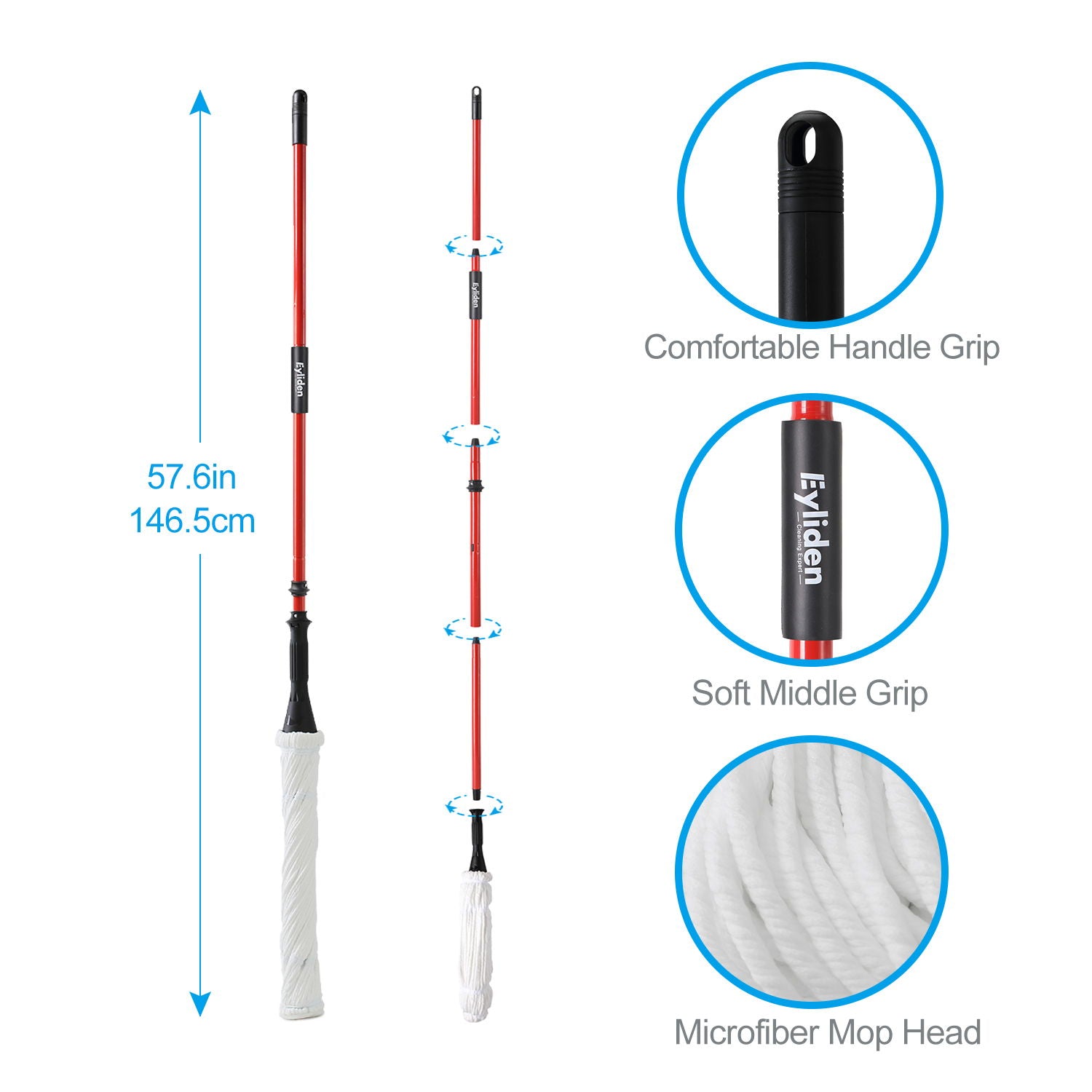 Ultra Fine Fiber Twist Mop With 57.5 Inch Long Handle For Dry And Wet Floor Cleaning - Red Daily Nest