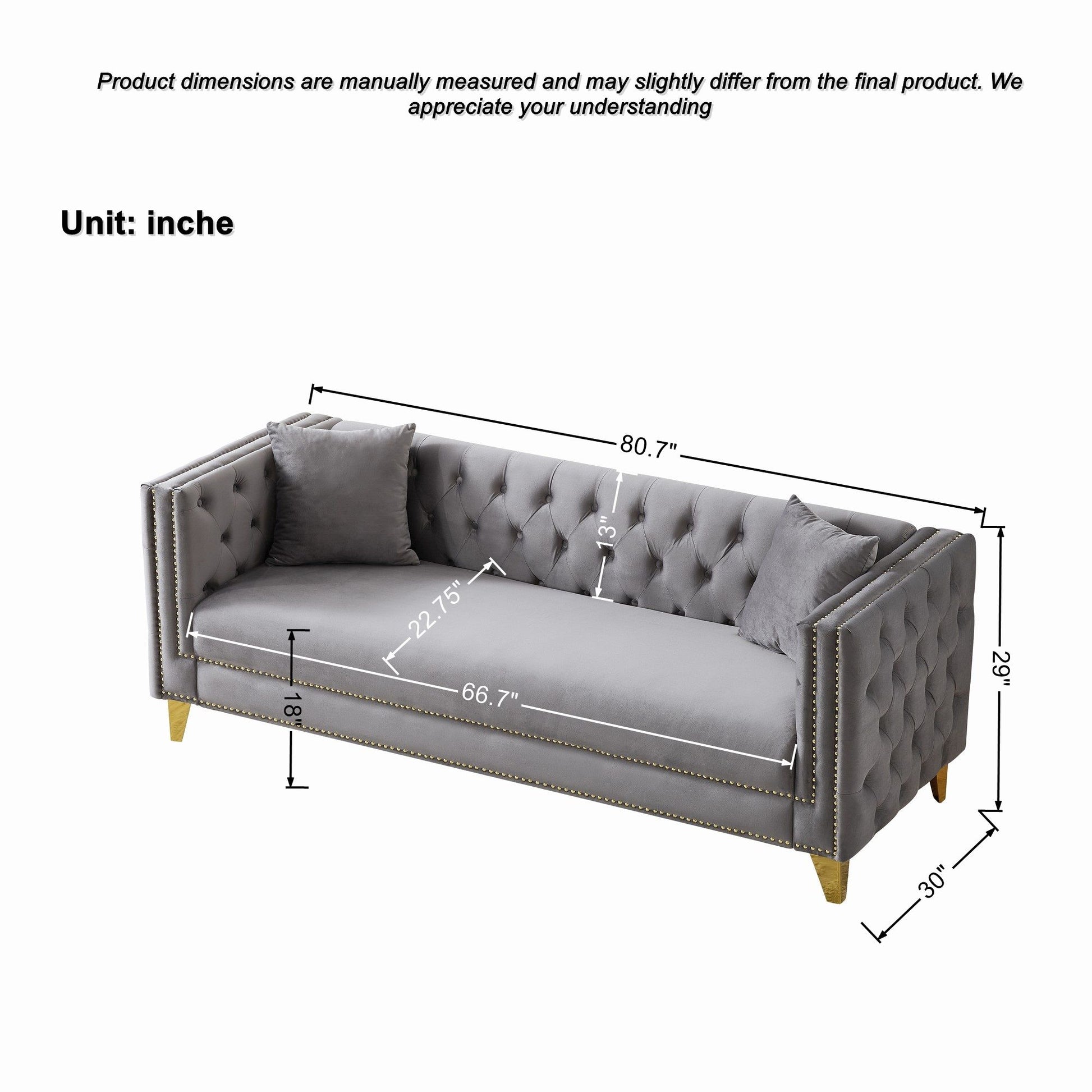 3 Seater Deep Seat Sofa, Sofa With Button Nailhead, Square Arm Home Essentials