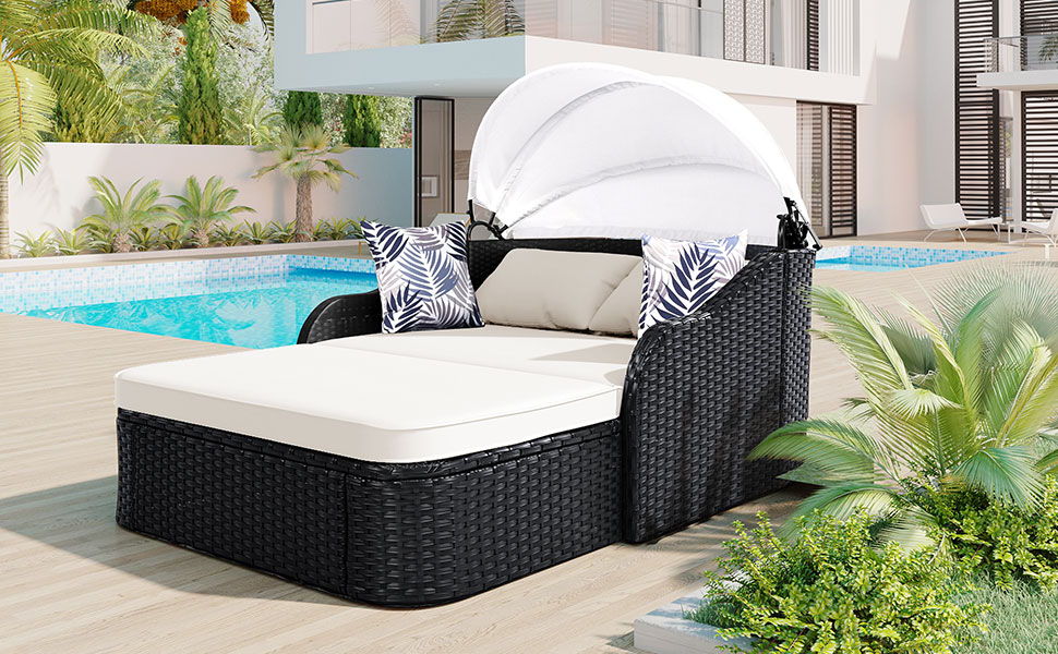 Outdoor Sunbed With Adjustable Canopy, Double Lounge, Daybed - Black / Beige Hearth and Haven