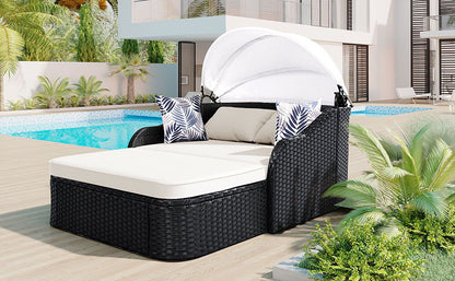 Outdoor Sunbed With Adjustable Canopy, Double Lounge, Daybed - Black / Beige Hearth and Haven