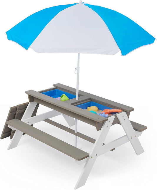 Wooden Kids Picnic Table, Sand And Water Table With Umbrella, Activity Table For Outdoor Backyard Patio Play - White / Gray Home Essentials