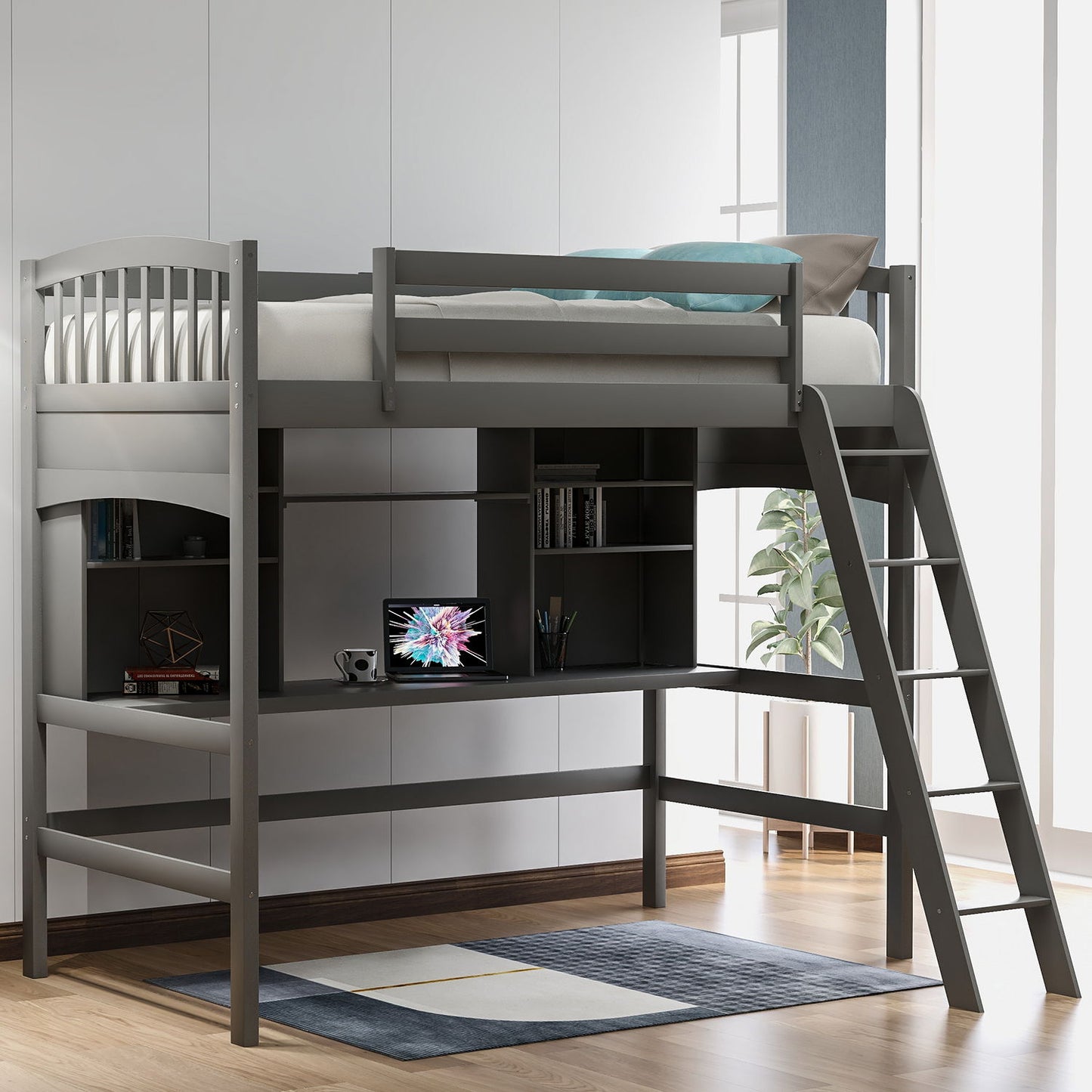 Loft Bed With Storage Shelves, Desk And Ladder DreamHaus