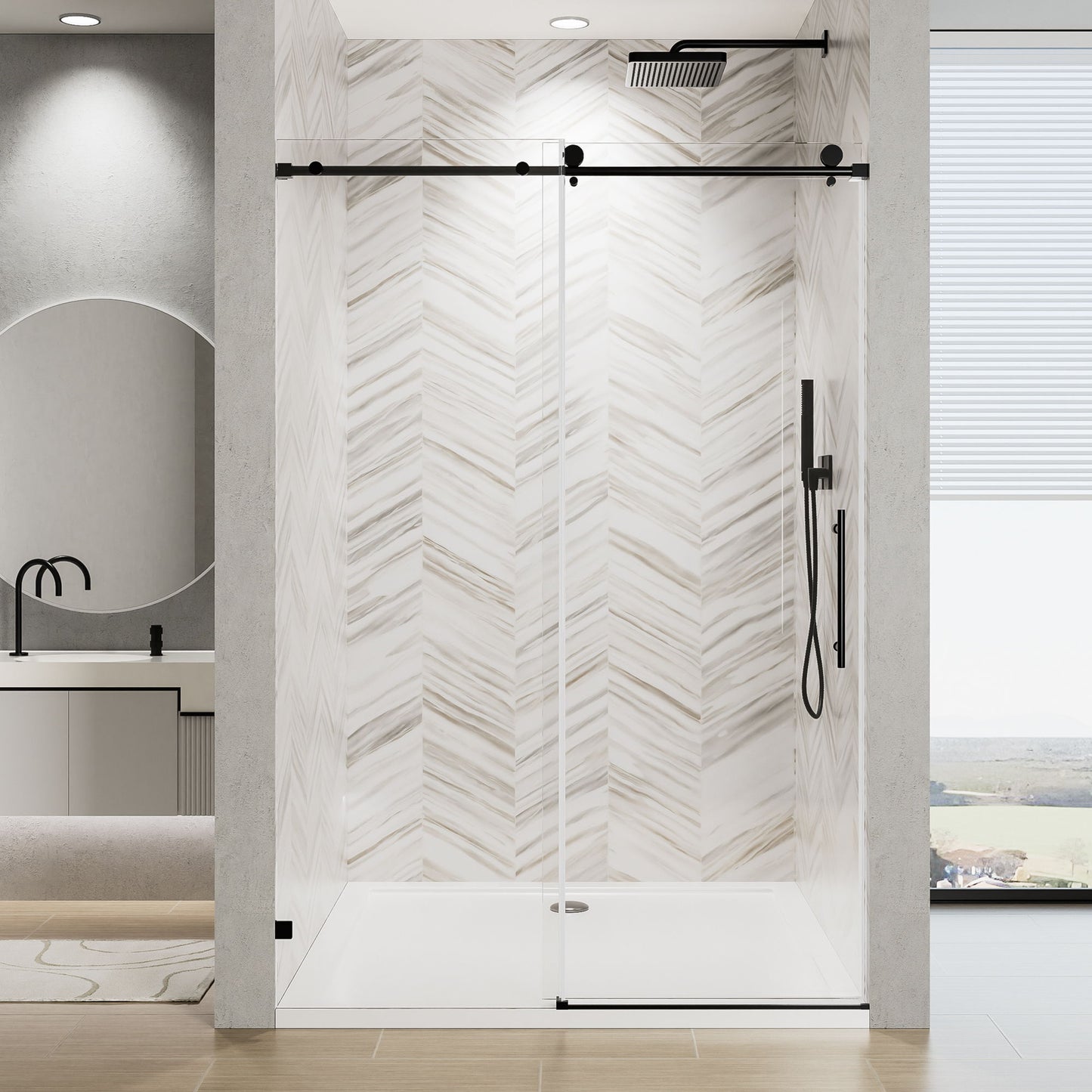 Frameless Single Sliding Soft Close Shower Door, 5 / 16" Clear Nano Coated Tempered Glass And 304 Stainless Steel Handle - Matte Black Daily Nest