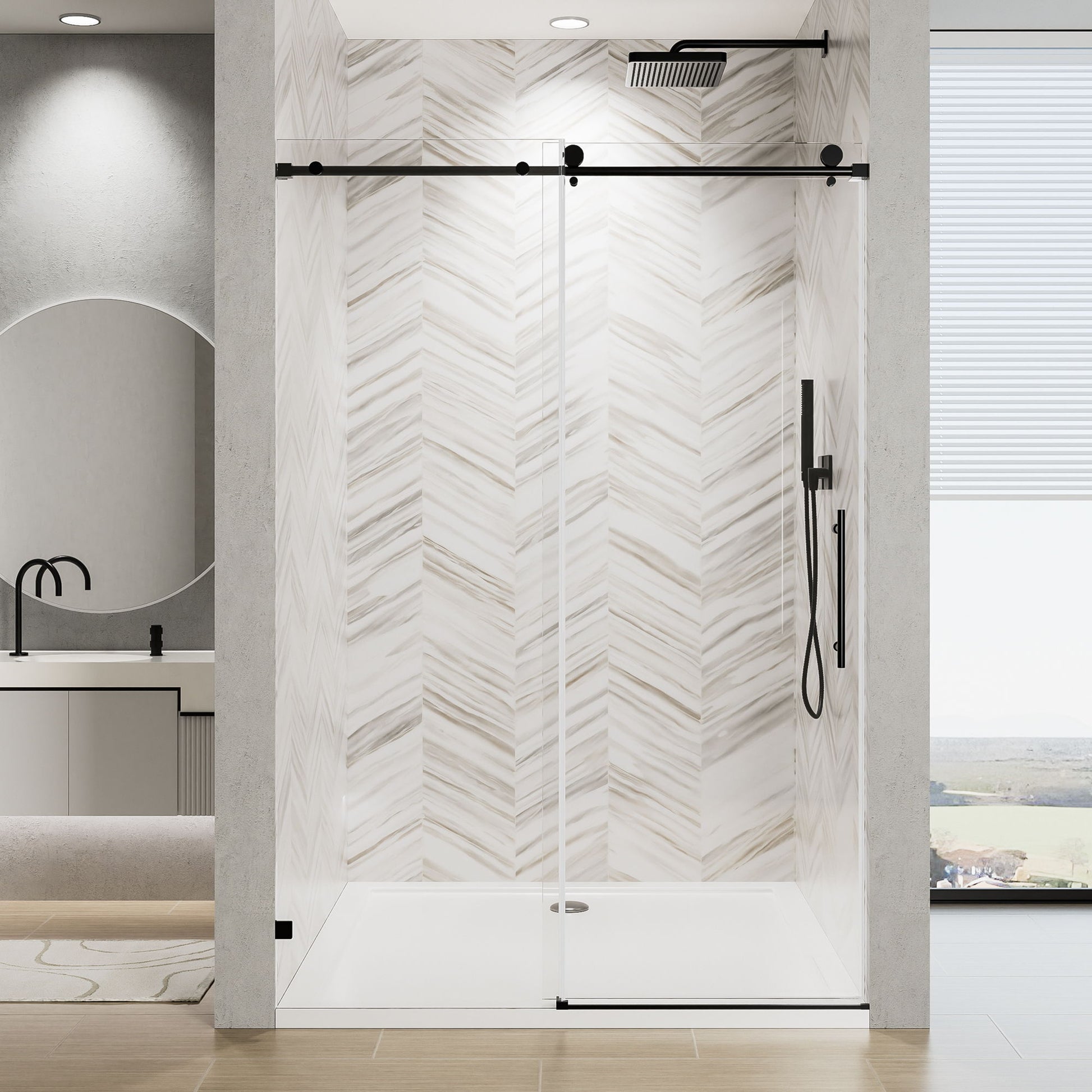 Frameless Single Sliding Soft Close Shower Door, 5 / 16" Clear Nano Coated Tempered Glass And 304 Stainless Steel Handle - Matte Black Daily Nest
