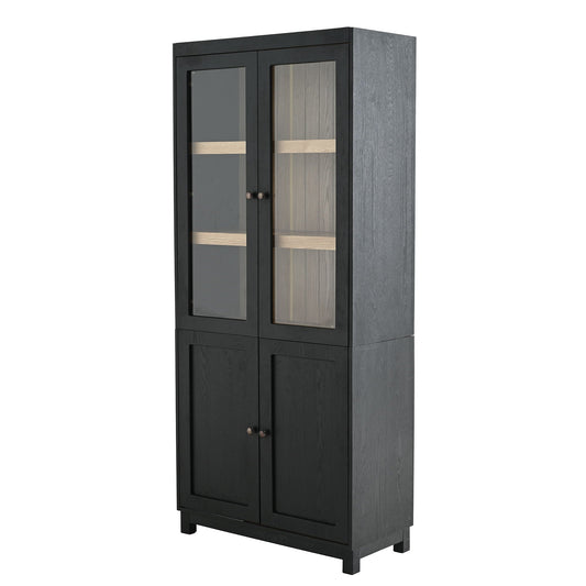 Mid Century Modern Style Tall Display Cabinet With Glass Doors For Collectibles - Black Hearth and Haven