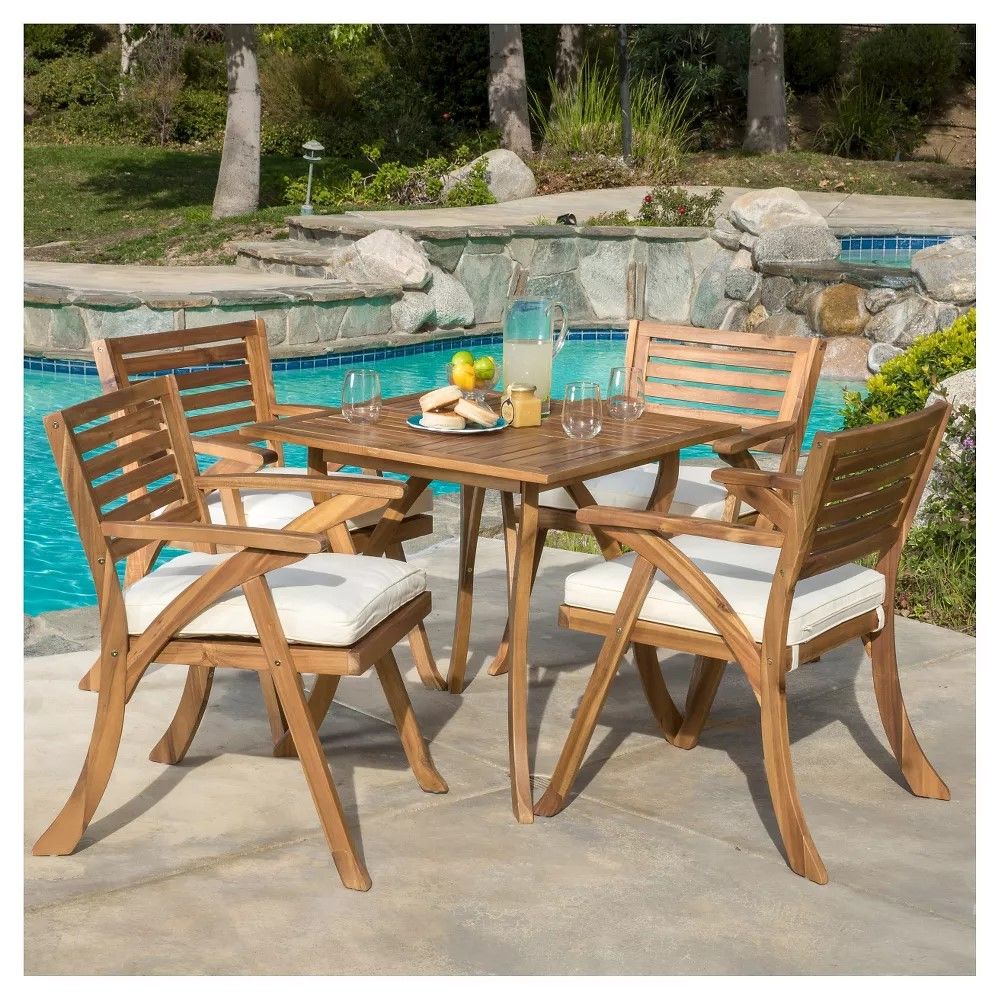 Outdoor Hermosa 5 Piece Wood Dining Set With Cushions - Teak / Beige Noble House