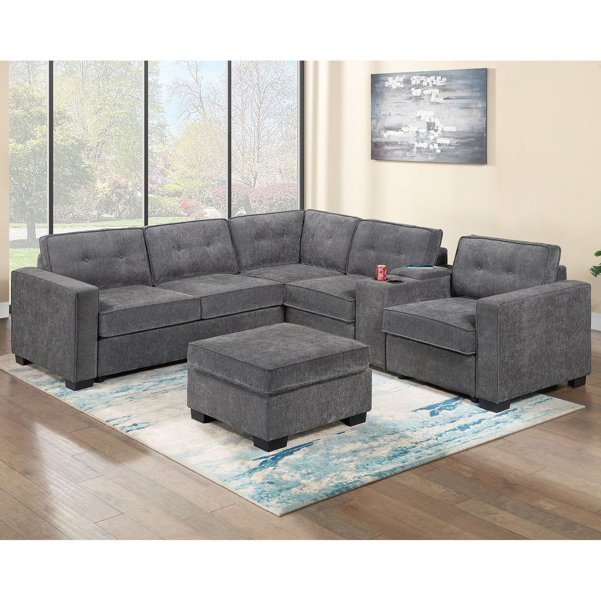 Sectional Set With Reversible Loveseat, USB Console, Corner Wedge & Ottoman Home Essentials
