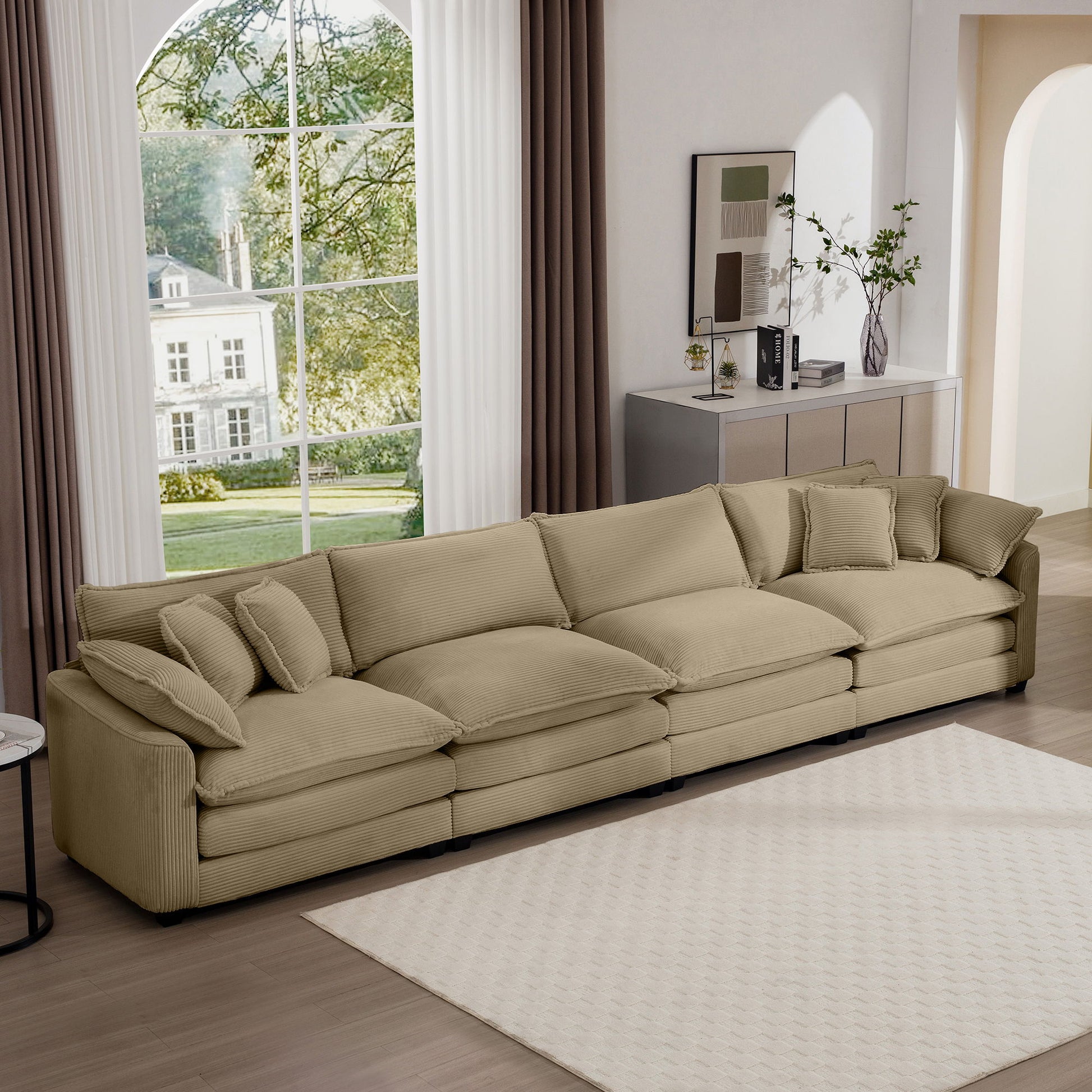 Modern Upholstered 4 Seater Fabric Sofa With Arm And Throw Pillows Home Essentials