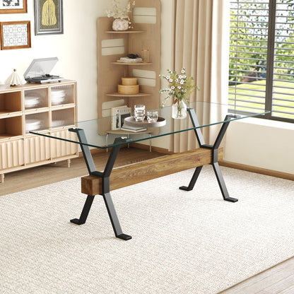 Elegant Tempered Glass Dining Table With X Shaped Metal Legs And Wood Grain Crossbeam - Black / Transparent Home Essentials