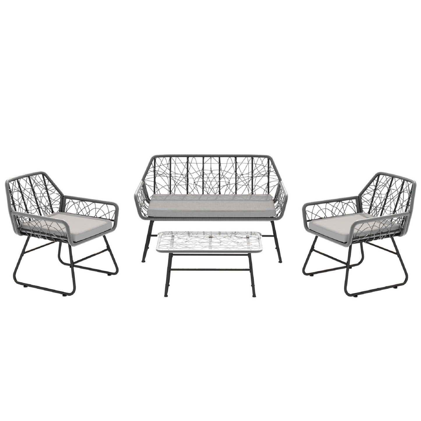 4 Piece Wicker Patio Furniture Set With Tempered Glass Table And Detachable Cushions Home Essentials