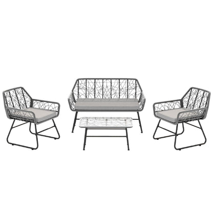 4 Piece Wicker Patio Furniture Set With Tempered Glass Table And Detachable Cushions Home Essentials