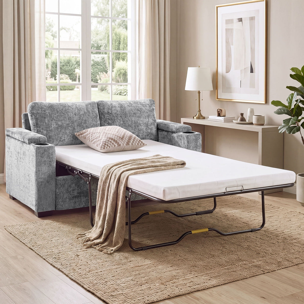 Pull Out Sofa Bed Loveseat With Twin Mattress, Cup Holders And Arm Storage Hearth and Haven