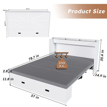 Murphy Bed With Storage Drawers And Charging Cabinet, Foldable Panels, Swivel Wheels Home Essentials