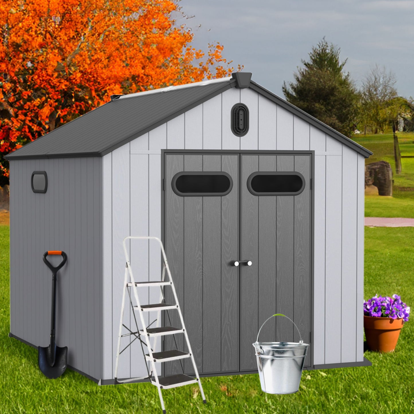 Xwt013 Plastic Storage Shed For Backyard Garden Big Spire Tool Storage - Black / Gray