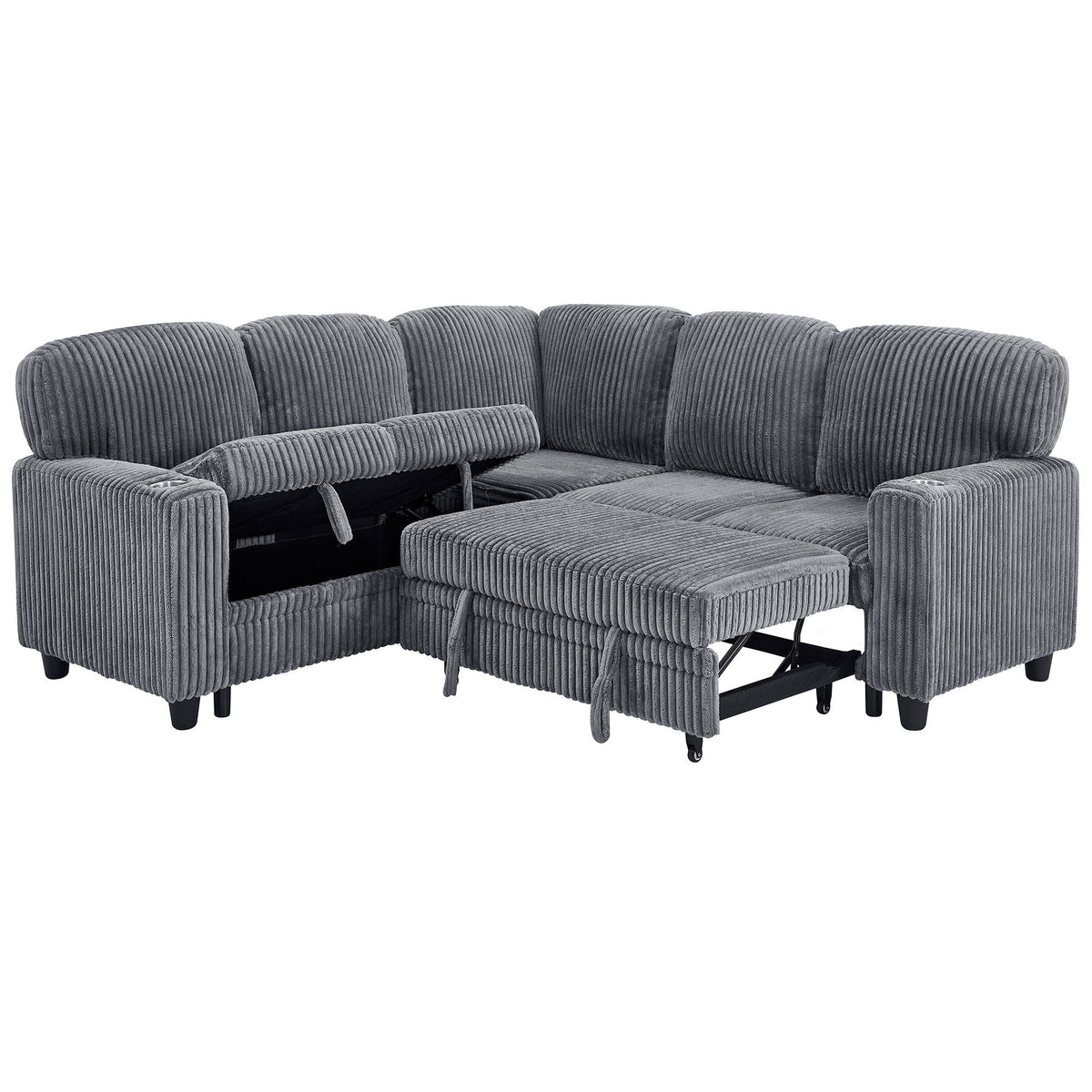 L-Shaped Sectional Sofa Bed With Pull Out Bed & Storage, 5 Seat Sleeper Couch With USB Charging For Living Room - Gray Home Essentials