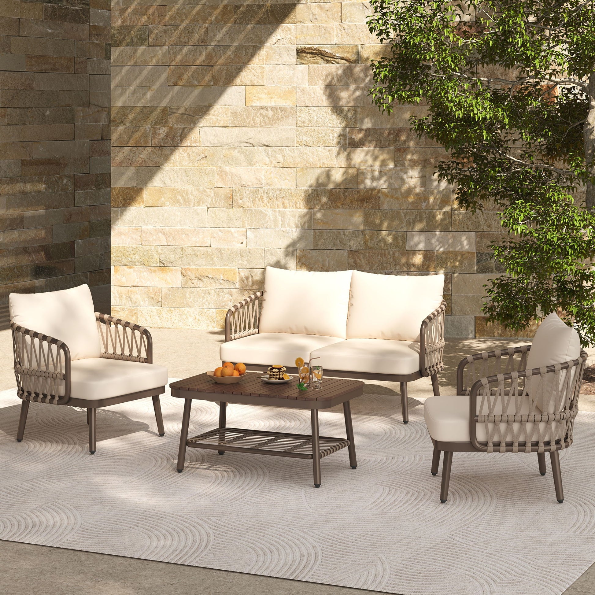4 Piece Outdoor Patio Furniture Set, Metal Chairs With Woven Rope U Shaped Backrest Noble House