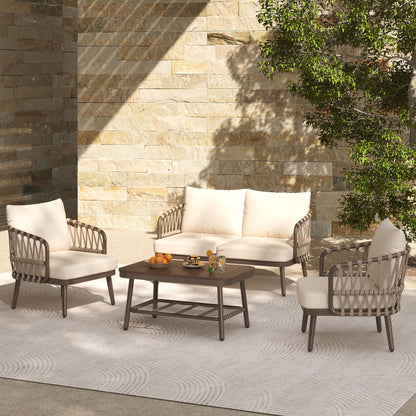 4 Piece Outdoor Patio Furniture Set, Metal Chairs With Woven Rope U Shaped Backrest Noble House