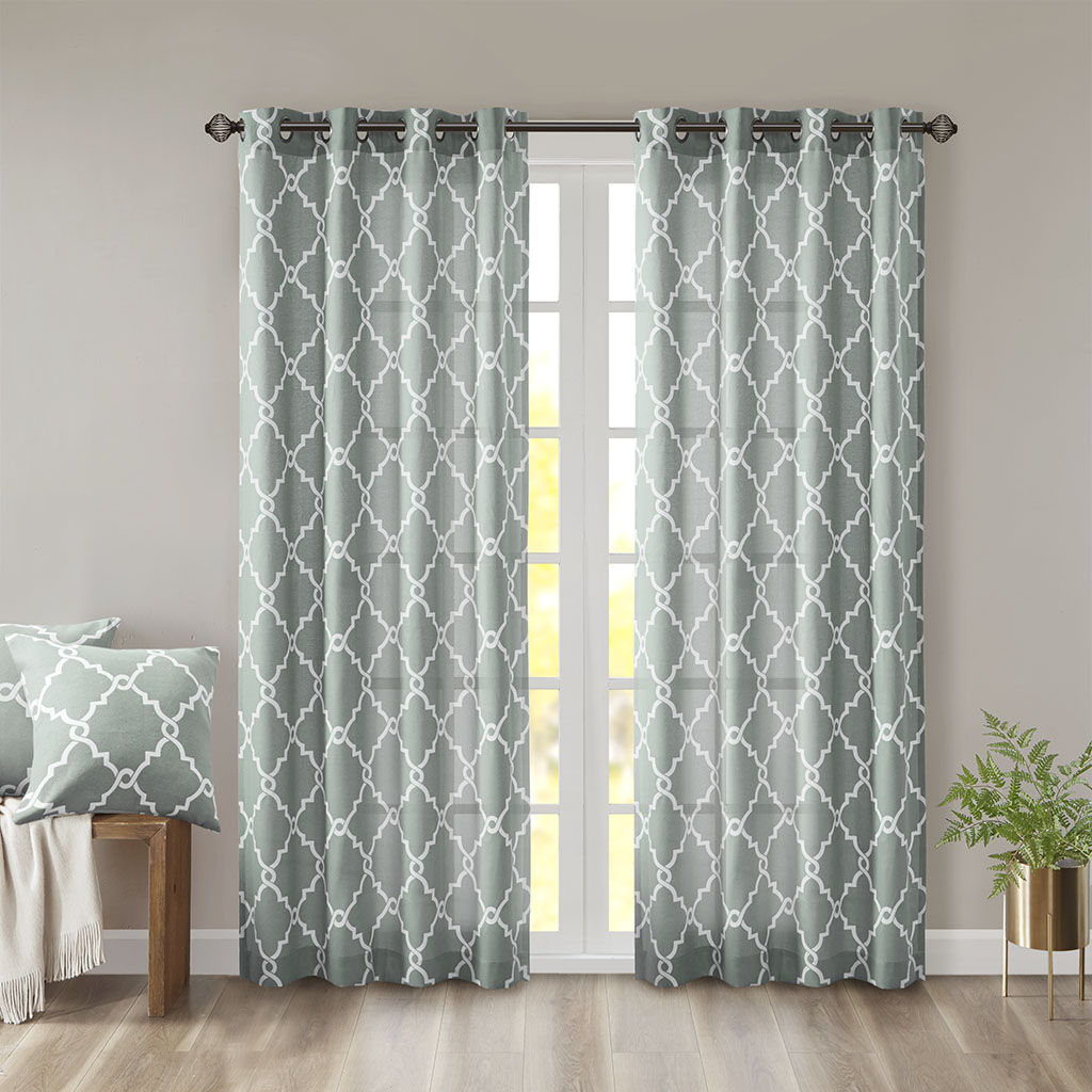 Saratoga - 108" Fretwork Print Grommet Top Window Curtain - Seafoam