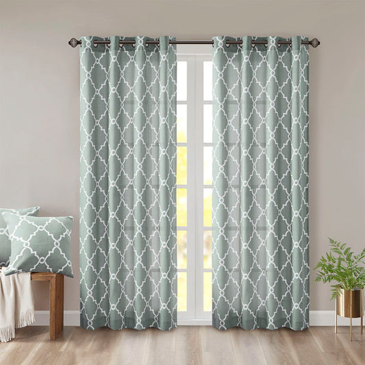 Saratoga - 108" Fretwork Print Grommet Top Window Curtain - Seafoam