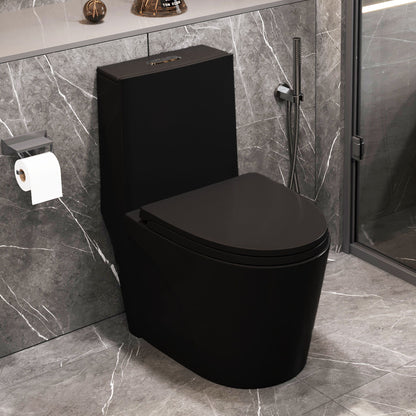 1.1 / 1.60 Gpf Dual Flush 1 Piece Toilet, Water Saving Elongated Comfort Height Floor Mounted, Soft Close Seat, 1000 Gram Map Flushing Score Toilet - Matte Black Daily Nest