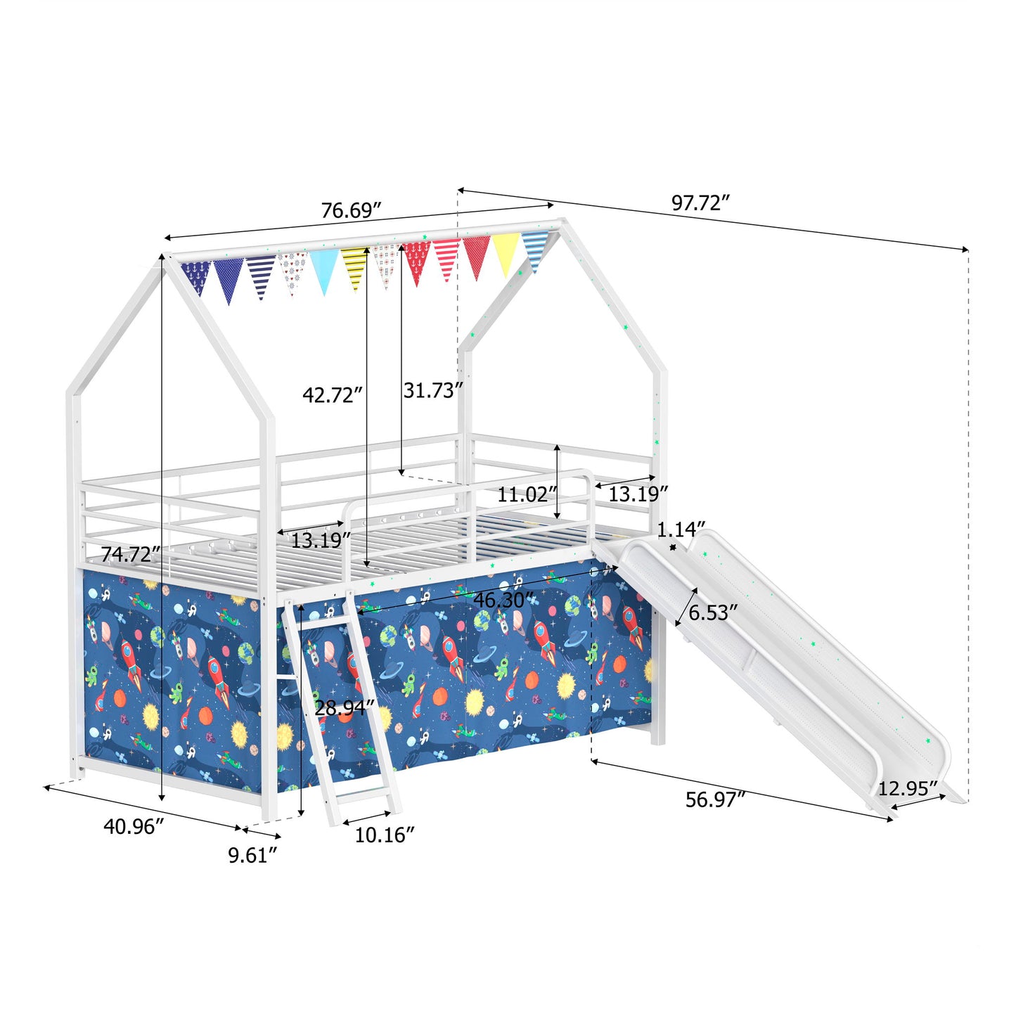 Jack - House Loft Bed With Slide And Curtain Set House & Home Furniture