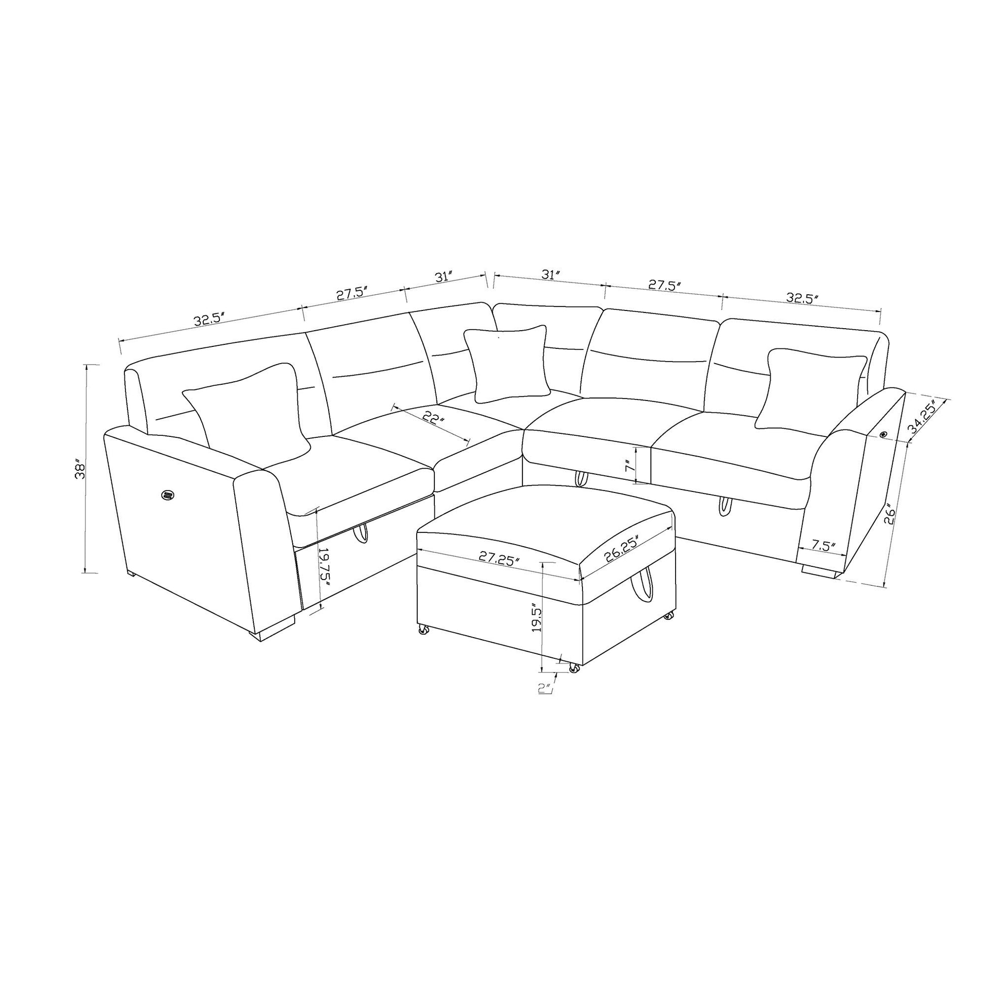 Emiliano - Sectional Sofa With 3 Pillows And Storage Ottoman - Nickel Global Furniture USA