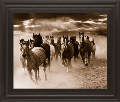 Running Horses By Monte Naglar - Framed Photo Print Wall Art - Dark Brown