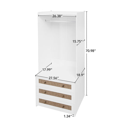 Wardrobe With 3 Drawers High Wardrobe Armoire With Rattan For Living Room Organizer - White Home Essentials