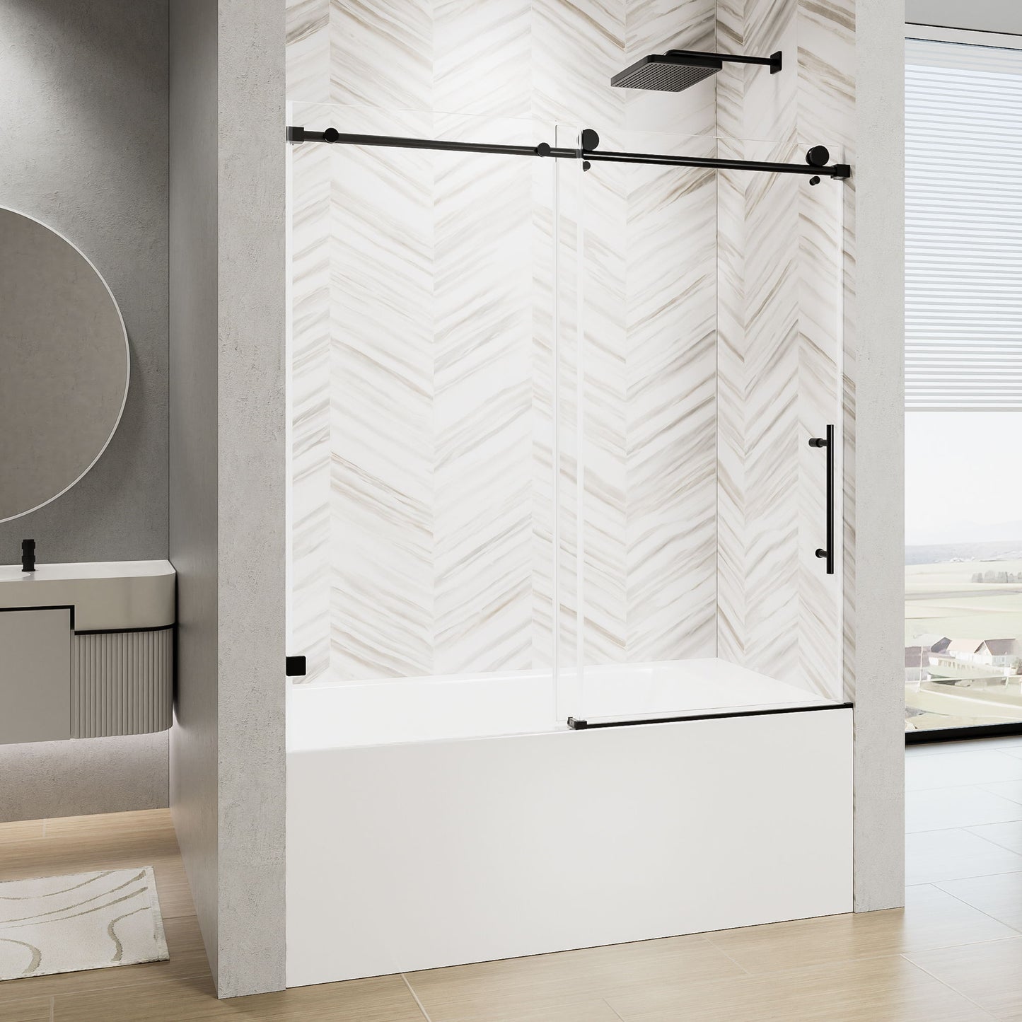 Frameless Single Sliding Shower Door With Soft Close, 5 / 16" Clear Nano Coated Tempered Glass, 60" X 60" - Matte Black Daily Nest