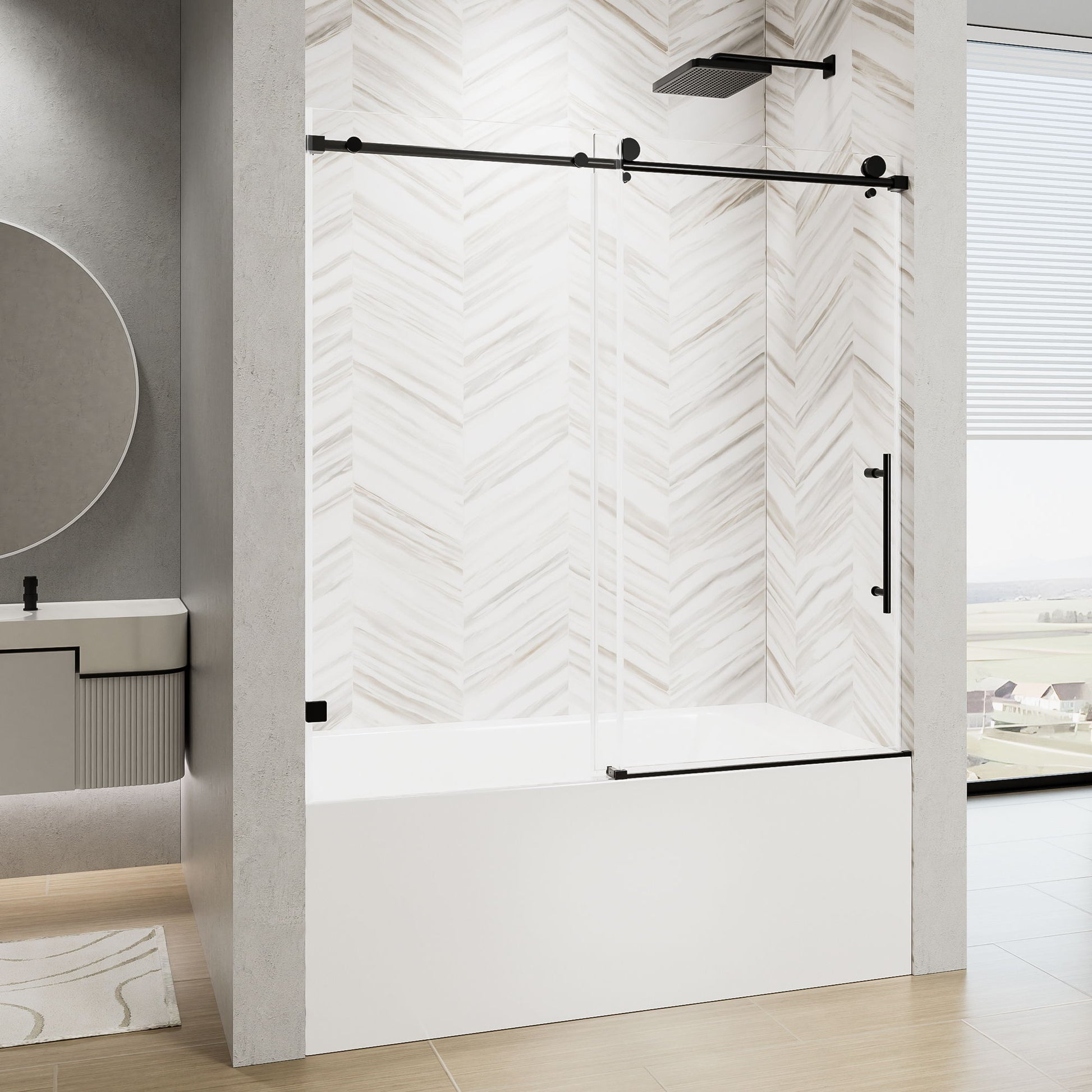 Frameless Single Sliding Shower Door With Soft Close, 5 / 16" Clear Nano Coated Tempered Glass, 60" X 60" - Matte Black Daily Nest