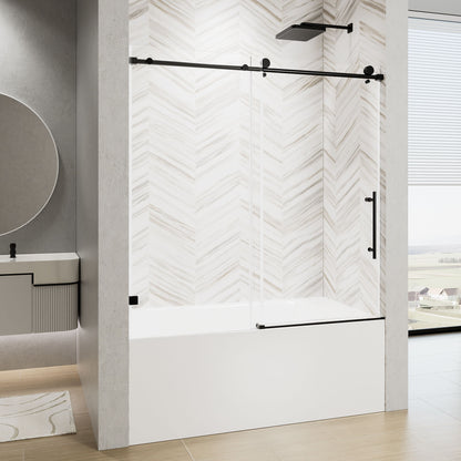 Frameless Single Sliding Shower Door With Soft Close, 5 / 16" Clear Nano Coated Tempered Glass, 60" X 60" - Matte Black Daily Nest