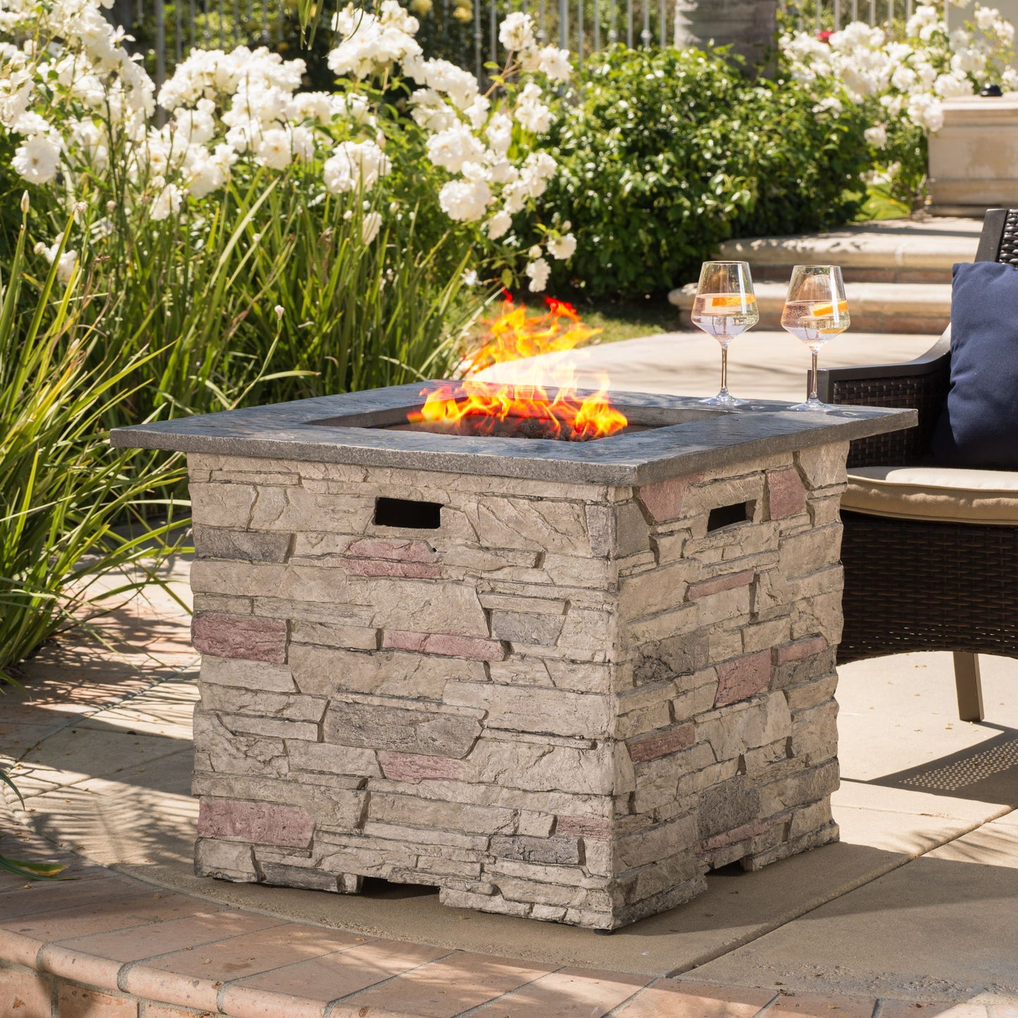 Classic Design Square Fire Pit With Top And 40, 000 Btu Heat Output - Stone Gray Noble House