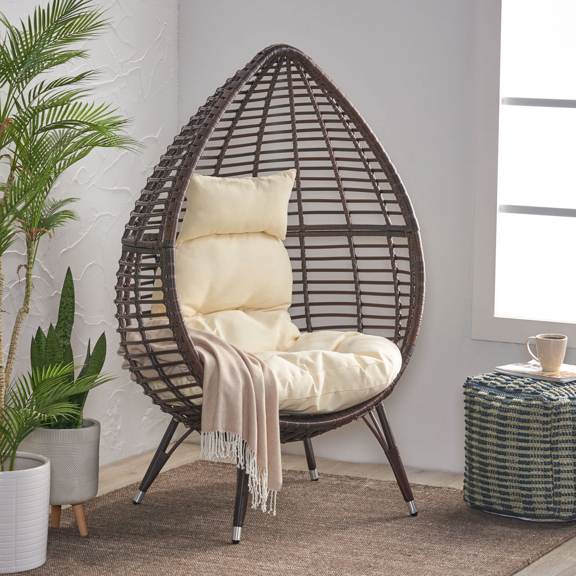 Cutter Teardrop Patio Chair With Water Resistant Cushion - Multi / Brown / Beige Noble House