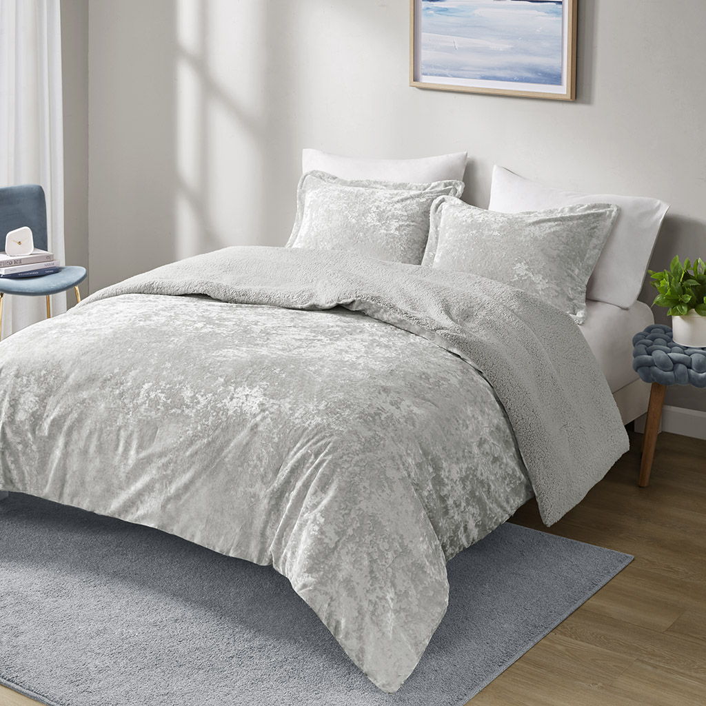 Mira - Crushed Velvet Sherpa Reversible Twin Comforter Set - Silver