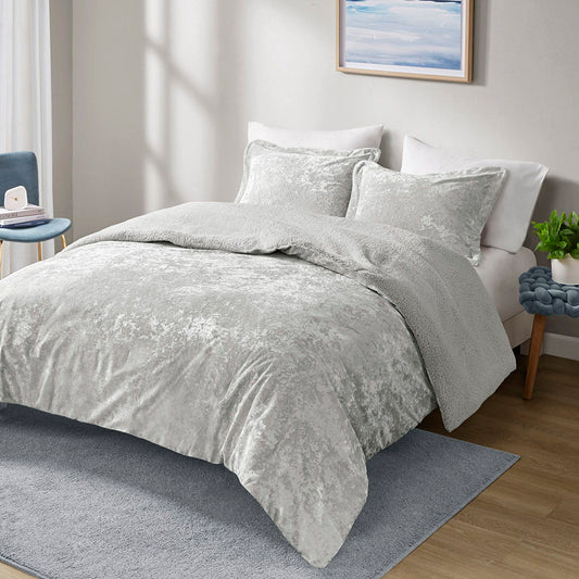 Mira - Crushed Velvet Sherpa Reversible Comforter Set - Silver Intelligent Design