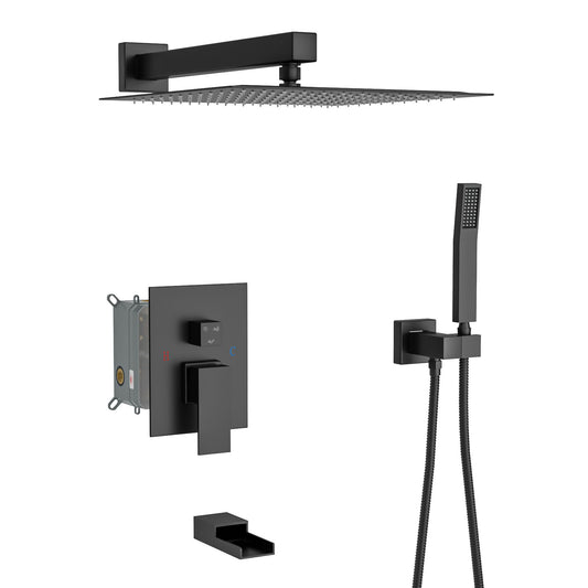 Wall Mounted Square Shower System With Rainfall Tub Spout And Handheld Shower, 10" - Matte Black Daily Nest
