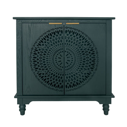 Hollow Carved 2 Door Accent Cabinet With Adjustable Shelf, Sideboard Buffet For Entryway, Living Room Or Bedroom - Blackish Green Home Essentials