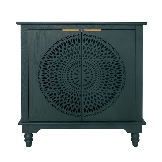 Hollow Carved 2 Door Accent Cabinet With Adjustable Shelf, Sideboard Buffet For Entryway, Living Room Or Bedroom - Blackish Green Home Essentials