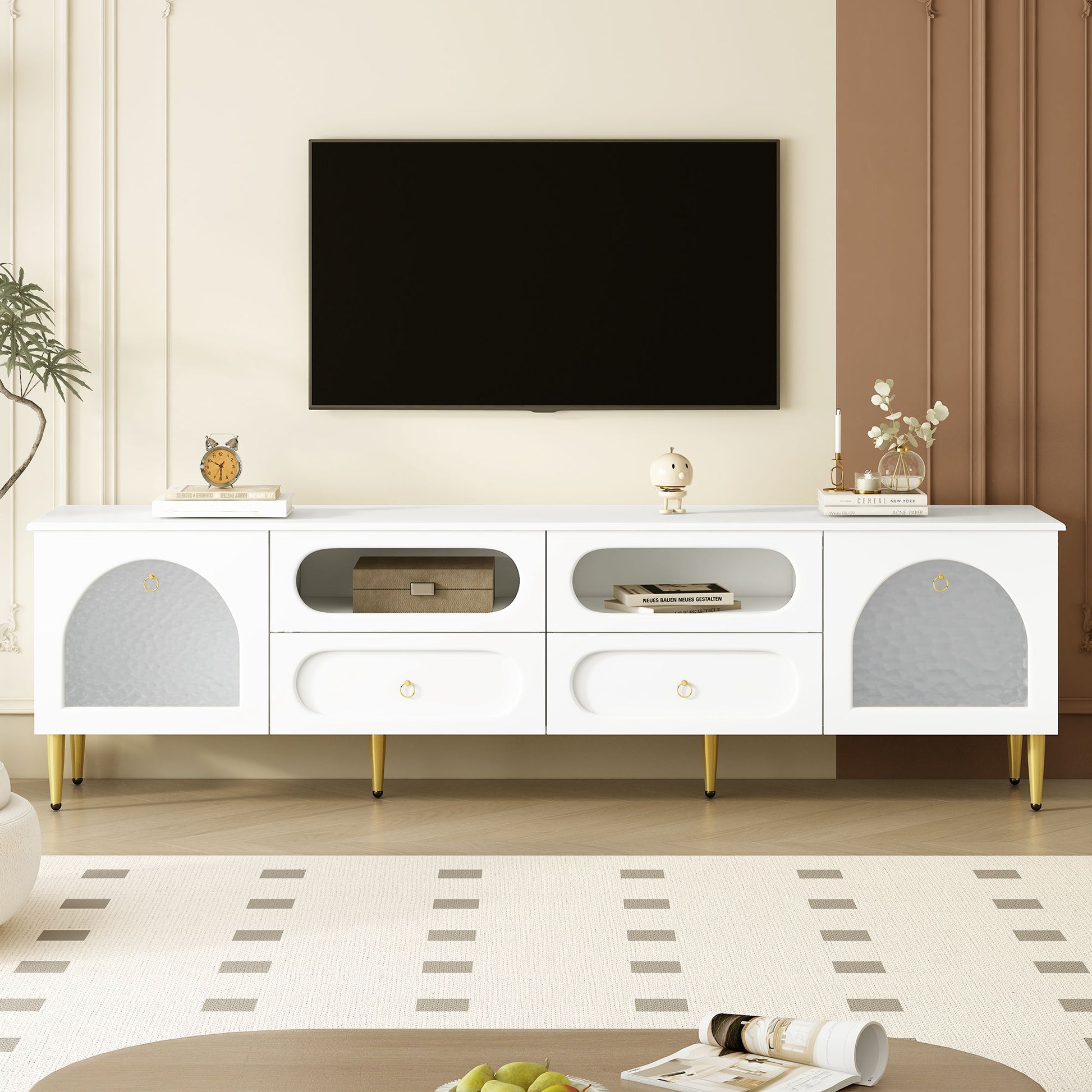 Retro TV Stand With 6 Metal Legs, 2 Cabinets, 4 Drawers And Anti-Tip Device Hearth and Haven