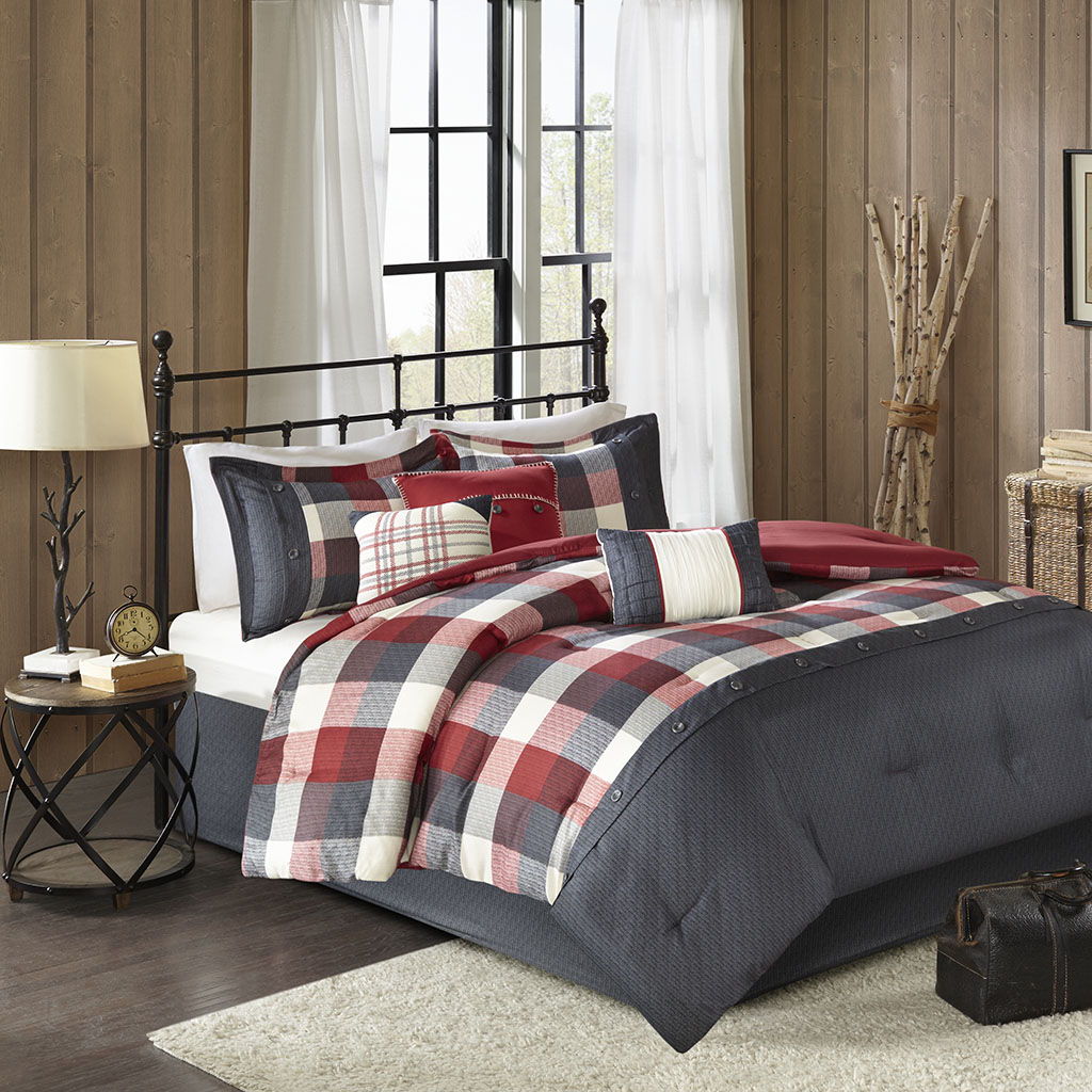 Ridge - California King 7 Piece Herringbone Comforter Set - Red