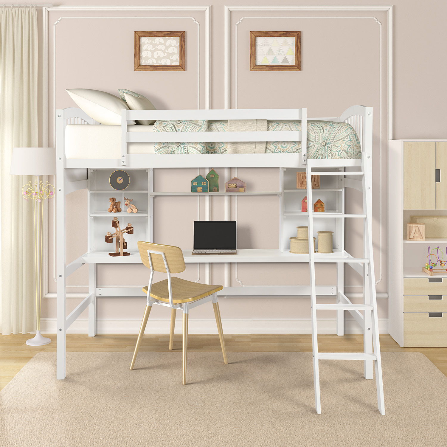 Loft Bed With Storage Shelves, Desk And Ladder DreamHaus