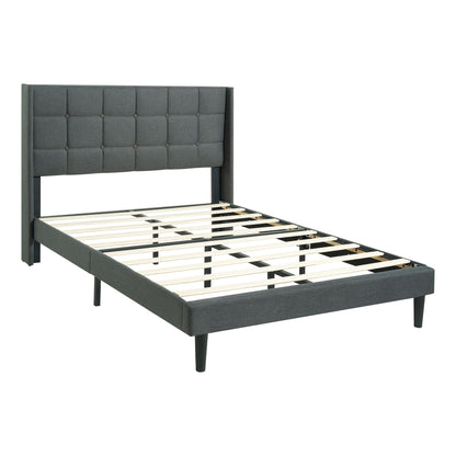 Queen Size Upholstered Platform Bed Frame With Button Tufted Linen Fabric Headboard - Dark Gray Home Essentials